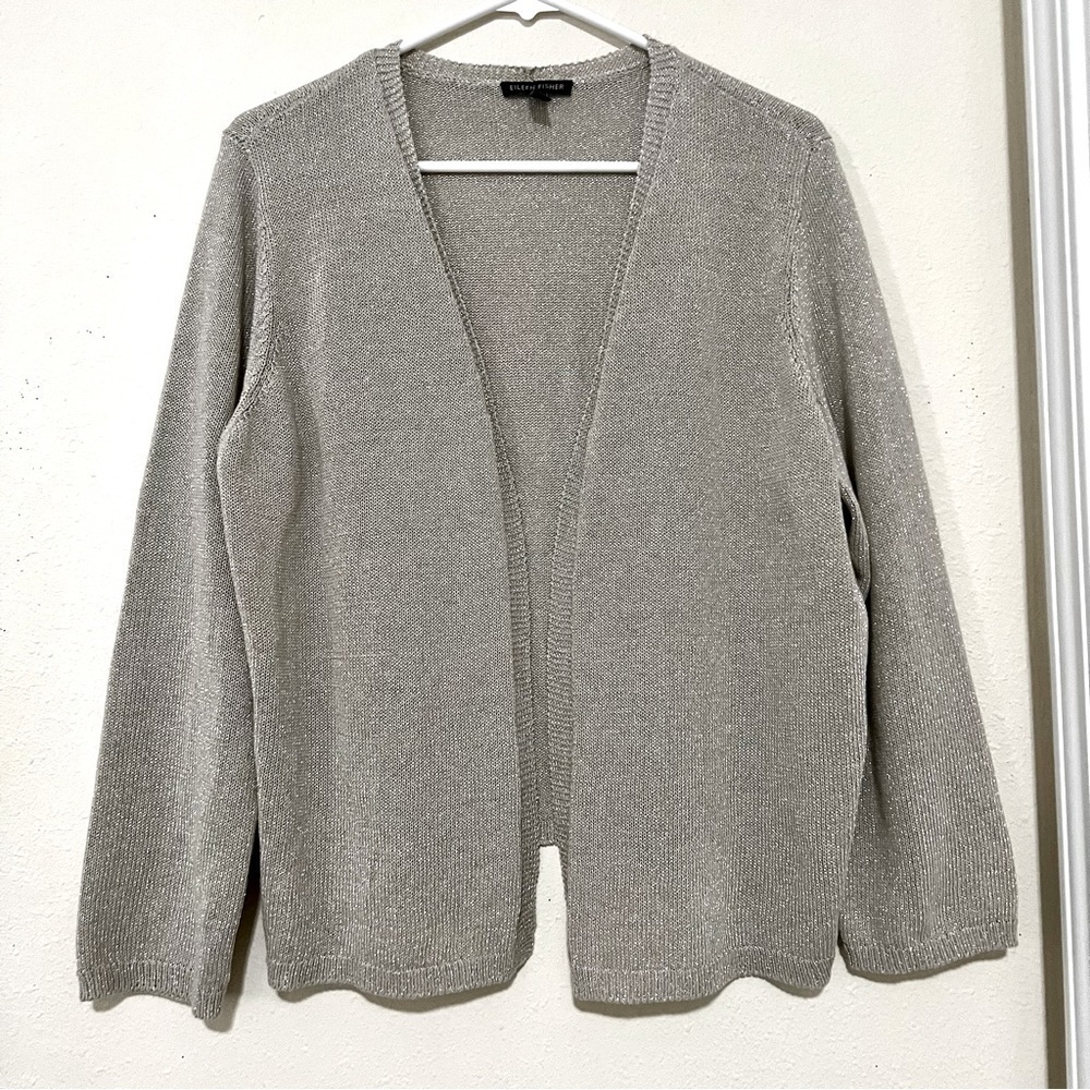 EILEEN FISHER Italian Yarn metallic gray gold Cardigan holiday women size L